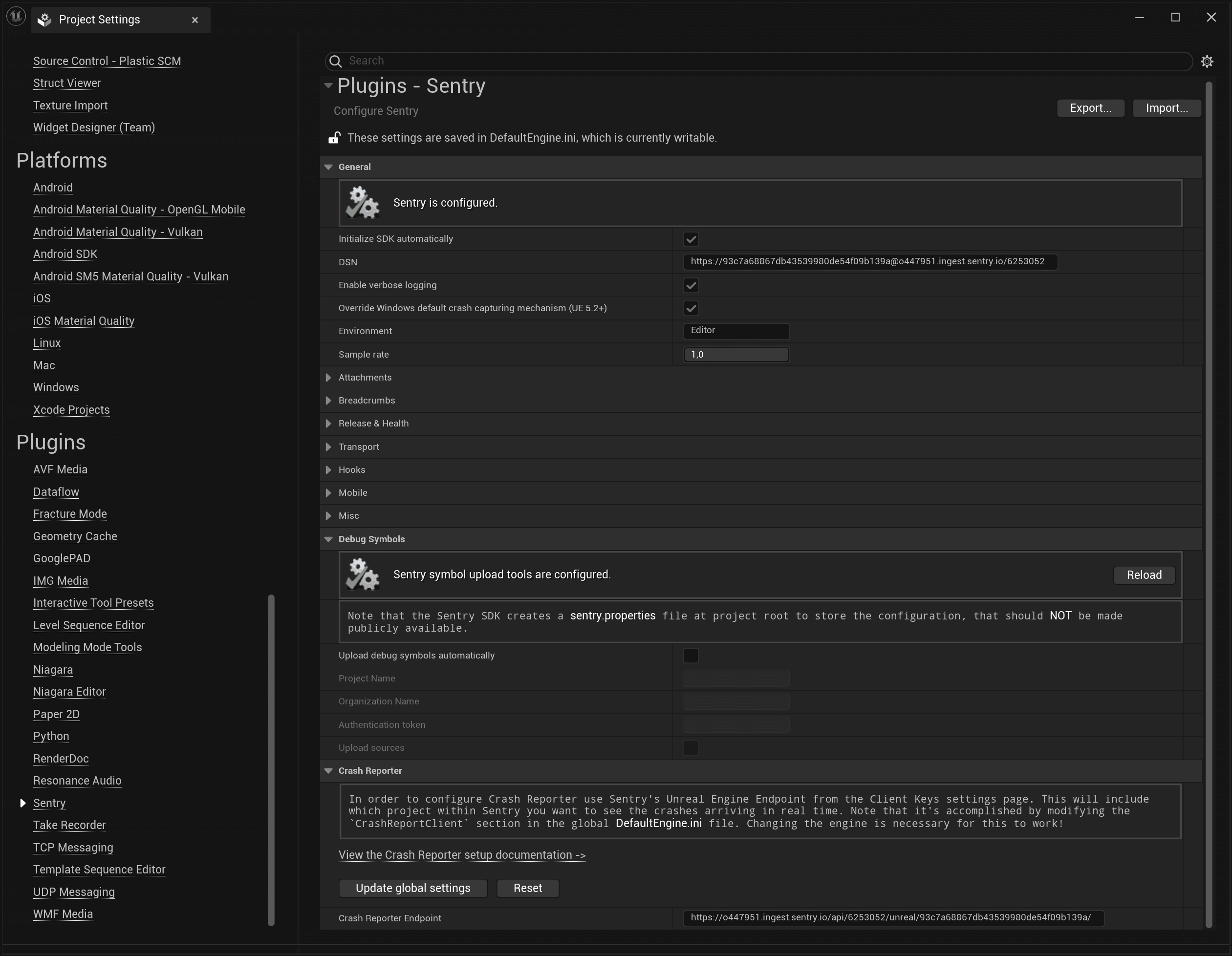 Sentry settings window